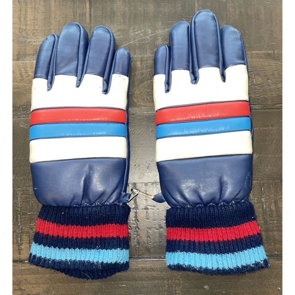 Vintage 60s 70s Winter Blue Red White Leatherette Gloves Mens Size Small